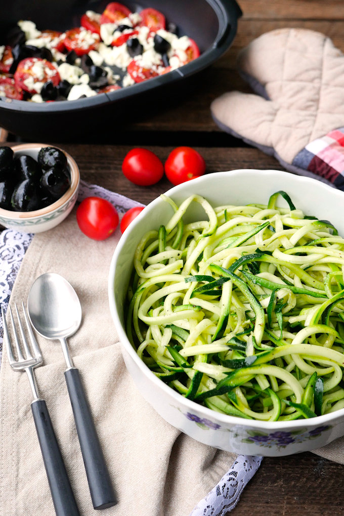 Low Carb Zucchini Noodles with Olives, Tomatoes and Feta
