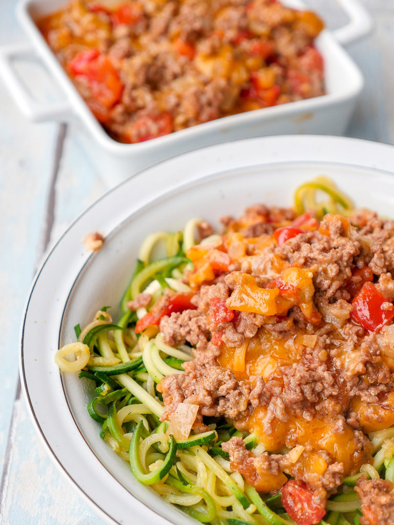  Zucchini noodles with minced meat in a taco style for a quick after-work meal 