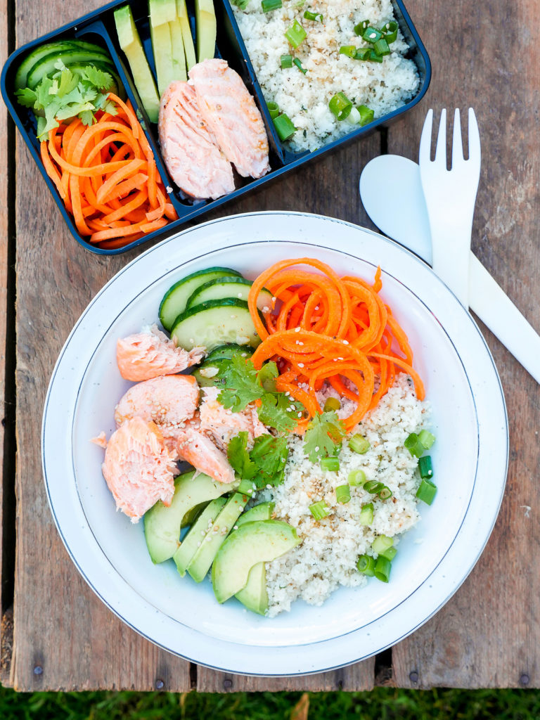 Low Carb Meal Prep Bowl with salmon, avocado and flower ears