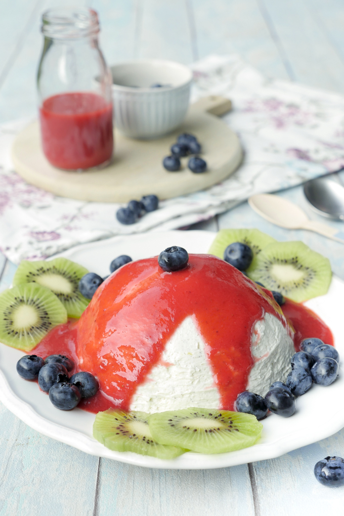 Low Carb Yogurt Bomb with Strawberry Sauce and Fruits 