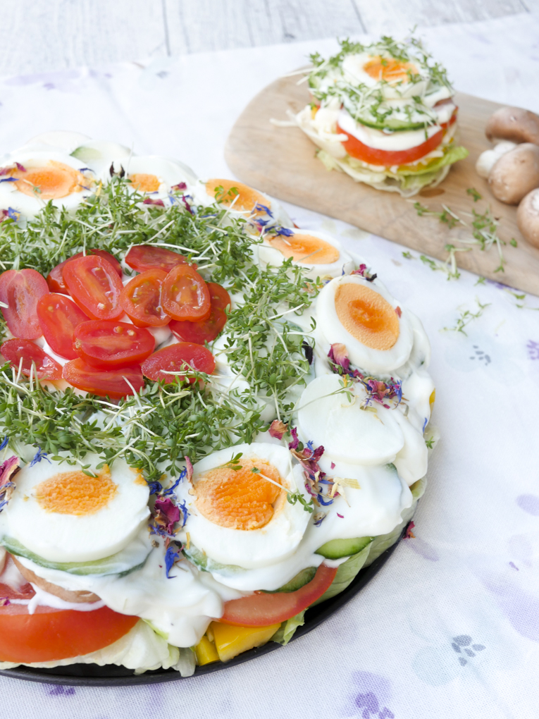 Healthy Low Carb salad with tomato, eggs, cucumber, mushrooms and cress 